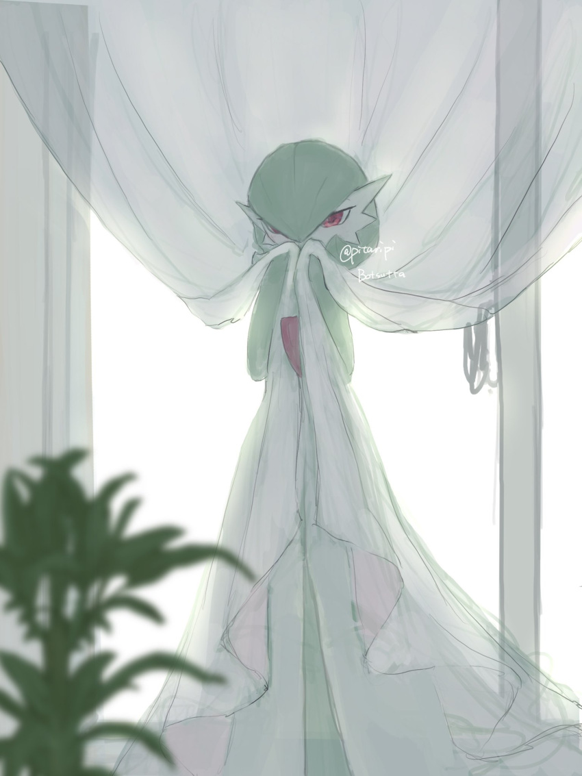 blurry blurry_foreground bob_cut colored_skin curtains gardevoir green_hair highres holding looking_at_viewer multicolored_skin pitari plant pokemon pokemon_(creature) red_eyes red_skin solo standing twitter_username two-tone_skin white_skin window