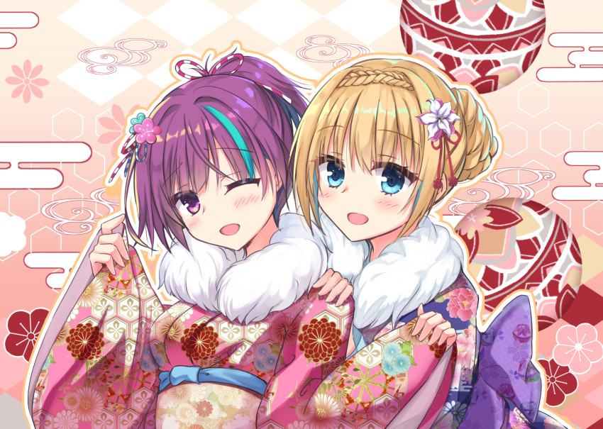 2022 2girls :d alternate_costume back_bow blonde_hair blue_hair blue_kimono blush bow braid commentary_request crown_braid dated eyelashes eyes_visible_through_hair floral_background floral_print flower fur-trimmed_kimono fur_trim hair_between_eyes hair_bun hair_flower hair_ornament hair_ribbon happy highres hug hug_from_behind ibaraki_rino igarashi_kenji japanese_clothes kido_tsubasa kimono looking_at_viewer multicolored_hair multiple_girls nengajou new_year one_eye_closed open_mouth parquet_(yuzusoft) pink_background pink_flower pink_kimono ponytail purple_bow purple_hair ribbon short_hair simple_background sleeves_past_wrists smile streaked_hair striped_ribbon textless_version upper_body violet_eyes w_arms white_flower wide_sleeves yukata