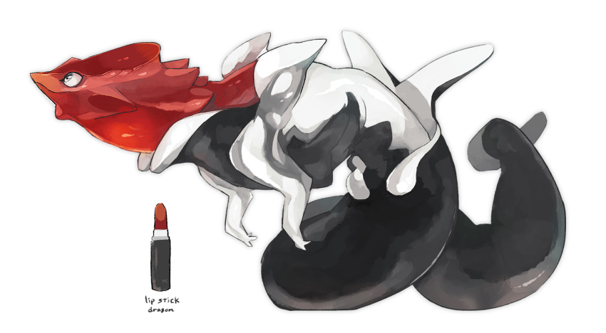 animal_focus cosmetics dragon from_side full_body grey_eyes lipstick_tube looking_ahead monsterification no_humans omarumaru original profile reference_inset simple_background solo tail tail_support white_background