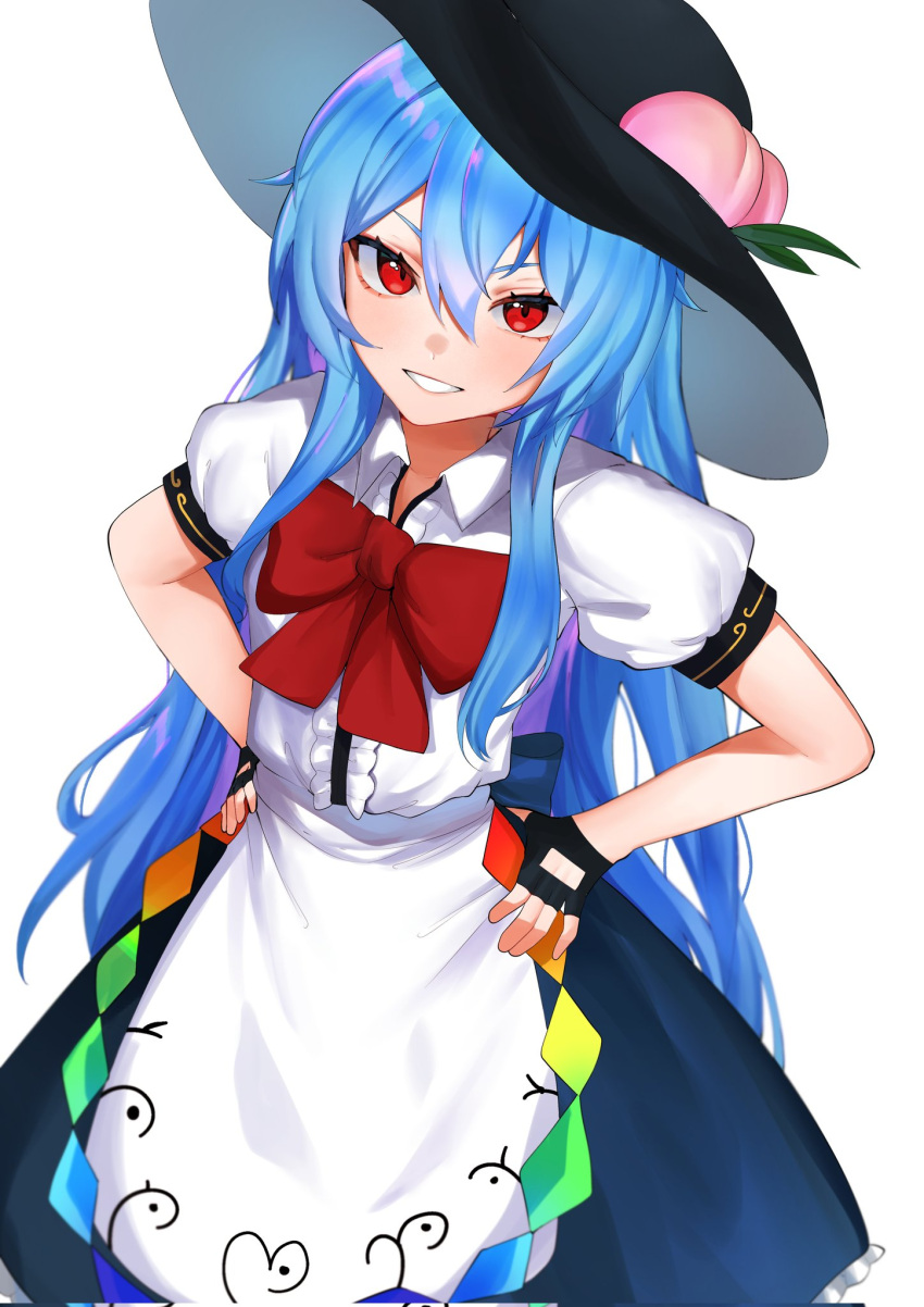 1girl back_bow black_gloves black_headwear blue_bow blue_hair blue_skirt blush bow bowtie collared_shirt colored_inner_hair commentary dress_shirt fingerless_gloves frills gloves hair_between_eyes hands_on_own_hips hat hat_ornament highres hinanawi_tenshi leaf_hat_ornament long_hair looking_at_viewer majime_joe multicolored_hair peach_hat_ornament puffy_short_sleeves puffy_sleeves purple_hair red_bow red_bowtie red_eyes shirt short_sleeves sidelocks simple_background skirt smile solo standing symbol-only_commentary teeth touhou v-shaped_eyebrows white_background white_shirt