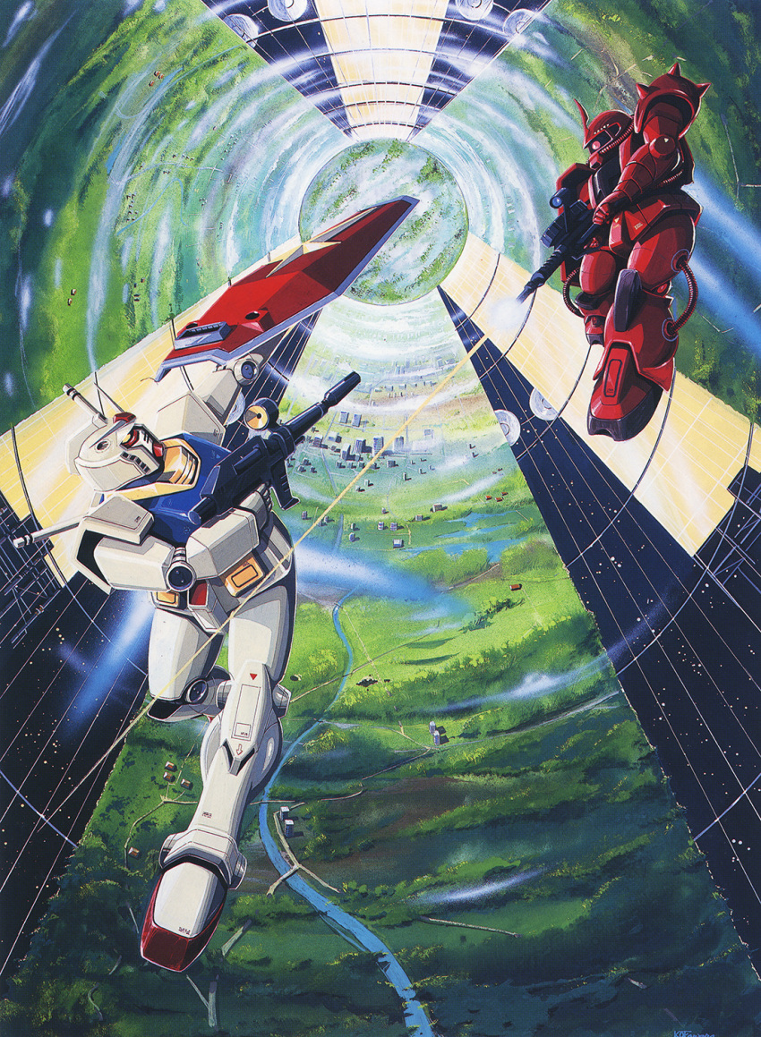 1970s_(style) 1980s_(style) aiming artist_request battle beam_rifle cable cityscape clouds duel energy_gun flying forest grass gun gundam highres machine_gun machinery mecha mobile_suit mobile_suit_gundam nature no_humans official_art one-eyed painting_(medium) production_art radio_antenna retro_artstyle river robot rx-78-2 scan science_fiction scope shield shoulder_spikes solar_panel space_station spikes thrusters traditional_media v-fin vernier_thrusters weapon window zaku_ii_s_char_custom