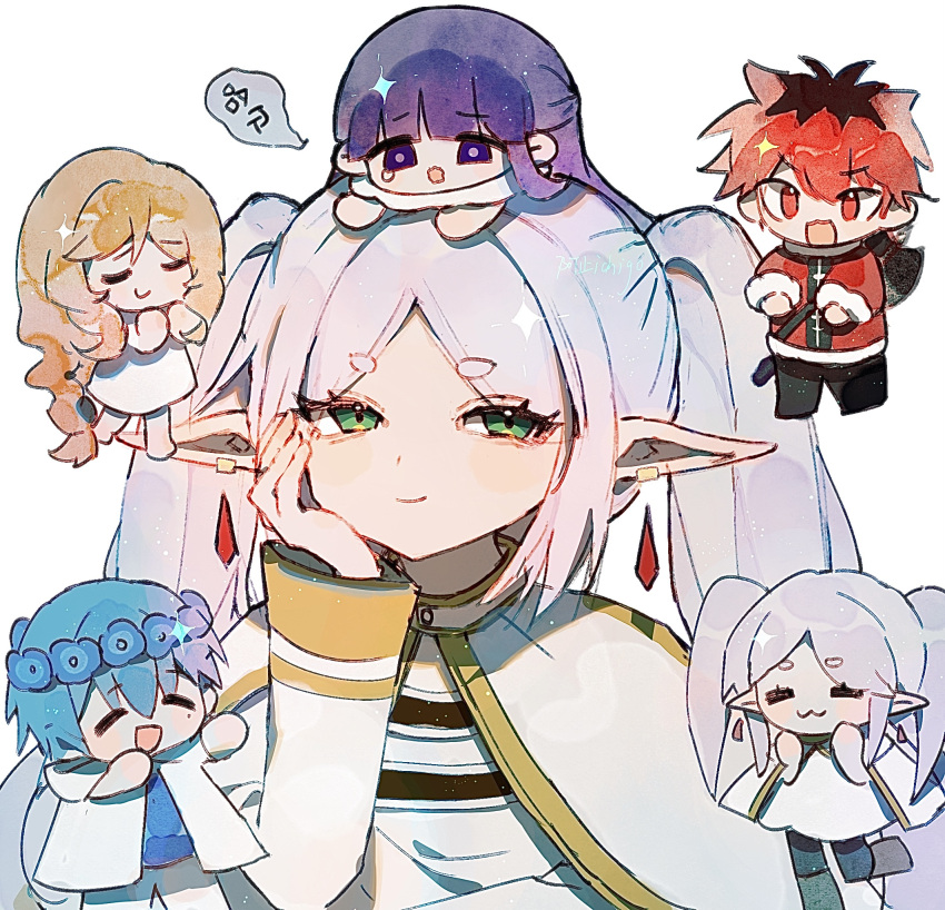 2boys 3girls axe azhiichigo black_hair blue_hair blunt_bangs brown_hair capelet chibi chinese_commentary chinese_text cloak closed_mouth commentary_request earrings elf fern_(sousou_no_frieren) frieren gold_trim green_eyes half-closed_eyes head_wreath highres himmel_(sousou_no_frieren) jewelry long_hair long_pointy_ears long_sleeves looking_at_viewer methode_(sousou_no_frieren) multicolored_hair multiple_boys multiple_girls parted_bangs pointy_ears purple_hair red_eyes redhead short_hair simple_background smile sousou_no_frieren speech_bubble stark_(sousou_no_frieren) translation_request twintails two-tone_hair upper_body violet_eyes weapon weapon_on_back white_background white_capelet white_cloak white_hair