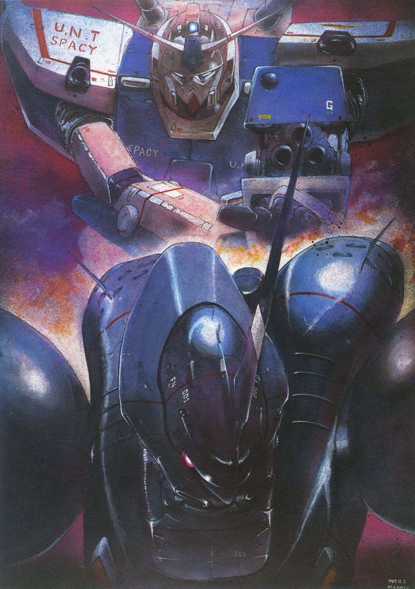 1980s_(style) 1989 aiming aiming_at_viewer ambush arm_cannon artist_request dated gatling_gun gundam gundam_0080 gundam_alex highres kampfer_(mobile_suit) mecha mobile_suit official_art one-eyed painting_(medium) production_art promotional_art radio_antenna realistic retro_artstyle robot traditional_media upper_body v-fin vernier_thrusters weapon