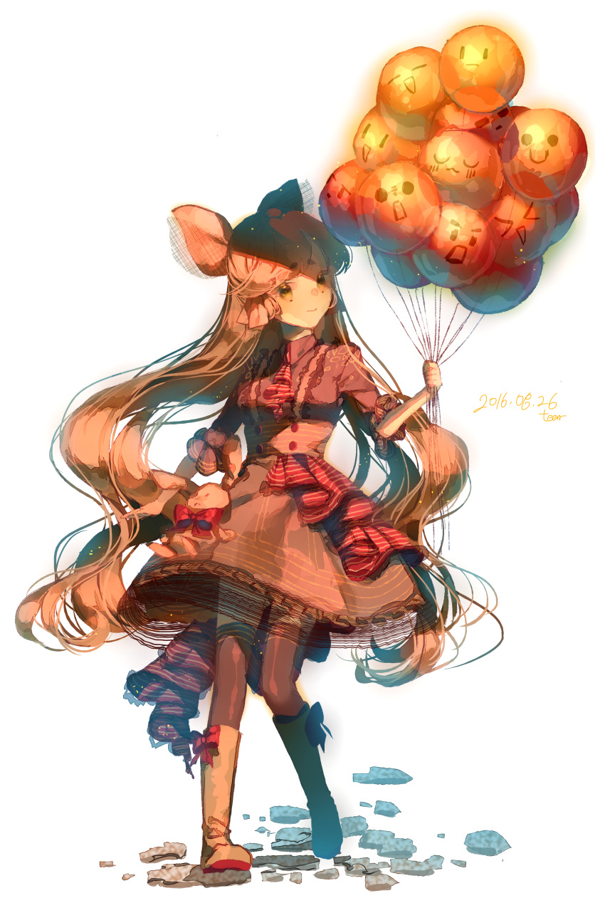 &gt;o&lt; 1girl 2016 :| absurdres alternate_costume alternate_hair_color alternate_hairstyle artist_name ascot balloon boots brown_dress brown_eyes brown_hair brown_thighhighs buttons closed_mouth dated dress elbow_gloves emoticon full_body gloves hand_up hatsune_miku highres holding holding_balloon light_smile lolita_fashion long_hair looking_at_viewer original red_ascot signature simple_background smile smiley_face solo standing striped_ascot stuffed_animal stuffed_toy tachi-e tears_namida teddy_bear thigh-highs twintails vocaloid wavy_hair white_background