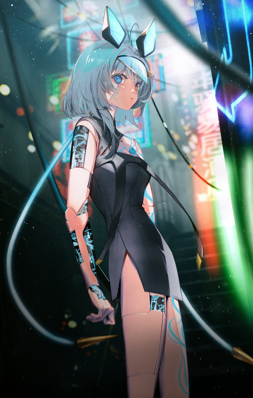 1girl absurdres ahoge animal_ears arms_at_sides black_dress blue_eyes blue_hair blurry blurry_background breasts cable city cowboy_shot cyberpunk dress english_commentary facial_mark fake_animal_ears feet_out_of_frame grey_hair headgear heterochromia highres indie_virtual_youtuber joints light_blue_hair looking_at_viewer looking_to_the_side magatama mechanical_parts neon_palette neon_sign night outdoors parted_lips petite robot_joints sayu_sincronisity second-party_source shiomi_(lowrise) short_dress short_hair_with_long_locks skinny sleeveless sleeveless_dress small_breasts solo stairs standing yellow_eyes
