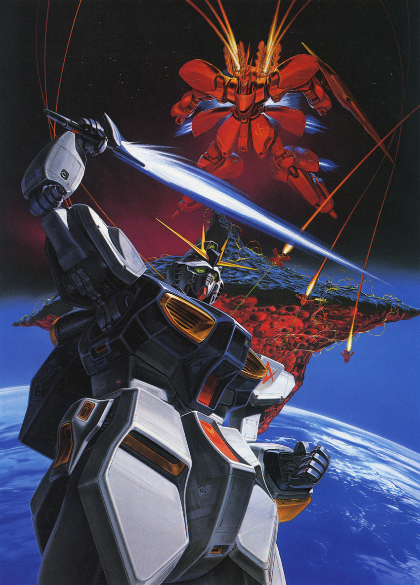 asteroid axis_(gundam) beam_saber bit_(gundam) char's_counterattack clouds concept_art earth_(planet) earth_federation_space_forces firing gundam highres in_orbit machinery mecha mobile_suit neo_zeon no_humans nu_gundam official_art painting_(medium) planet poster_(medium) promotional_art robot roundel sazabi scan shield space space_station starry_background thrusters traditional_media vernier_thrusters