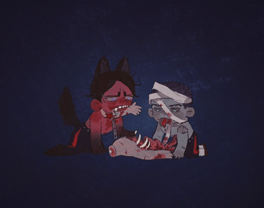2boys all_fours animal_ears animal_feet animal_hands bandaged_head bandages black_fur black_hair black_pants black_sclera blood blood_on_bandages blood_on_chest blood_on_face blue_background cannibalism chengongzi123 chibi claws colored_sclera colored_skin corpse eating english_commentary fangs full_body golden_kamuy gradient_background green_eyes green_skin halloween highres intestines koito_otonoshin male_focus monster_boy monsterification mouth_hold multiple_boys mummy pants ribs severed_limb short_hair simple_background stitched_arm stitches tail tongue tongue_out topless_male tsukishima_hajime very_short_hair violet_eyes wolf_boy wolf_ears wolf_tail