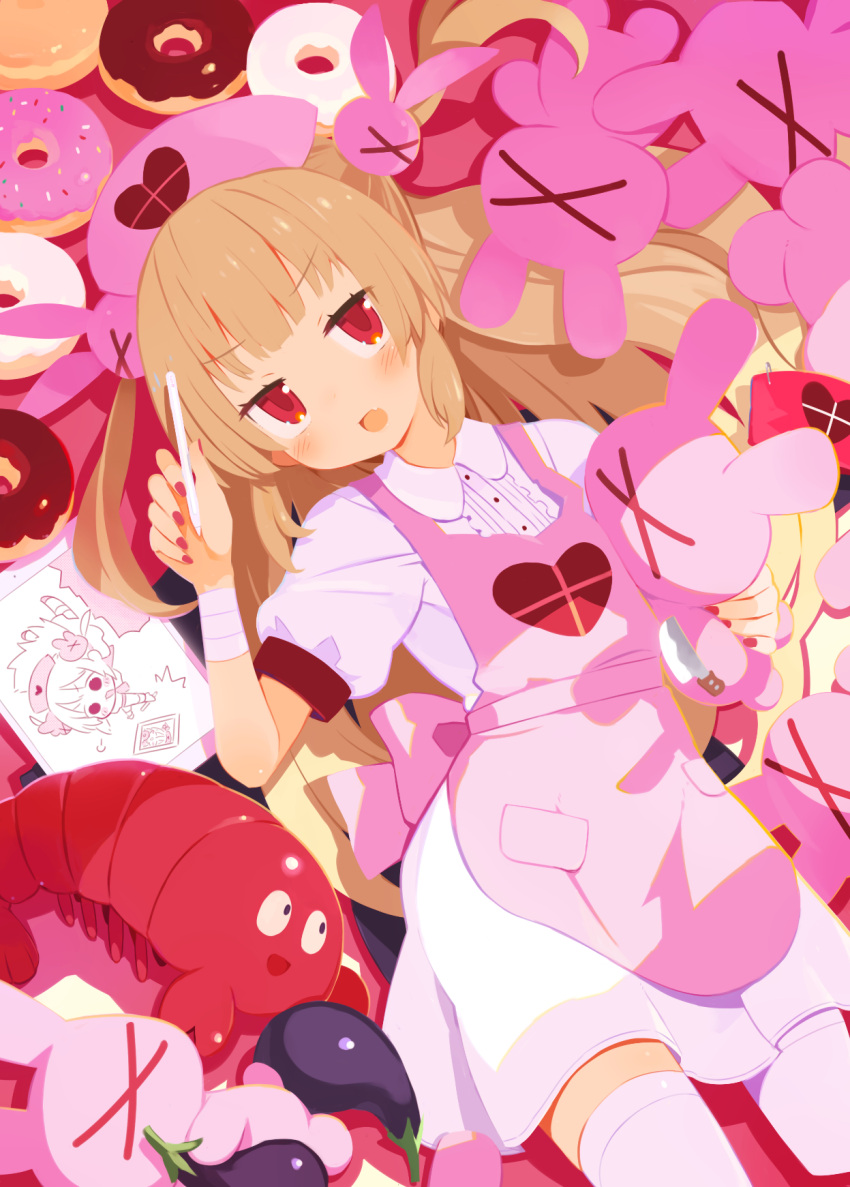 1girl apron bandaged_arm bandages blush doughnut dress eggplant food hair_ornament harada_takehito hat heart highres holding holding_stuffed_toy light_brown_hair long_hair looking_at_viewer lying nail_polish natori_sana nurse_cap on_back open_mouth pink_apron pink_headwear rabbit_hair_ornament redhead sana_channel short_sleeves solo stuffed_animal stuffed_rabbit stuffed_toy stylus tablet_pc thigh-highs virtual_youtuber white_dress white_thighhighs