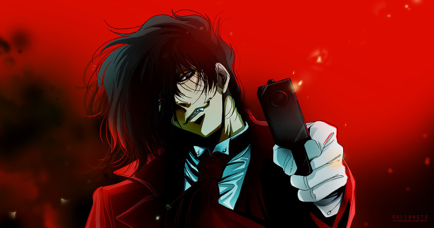 1boy aiming aiming_at_viewer alucard_(hellsing) ascot black_hair gloves gun hair_over_one_eye handgun head_tilt hellsing holding holding_gun holding_weapon jacket male_focus portrait red_background red_eyes smile solo toshimichi_yukari weapon white_gloves