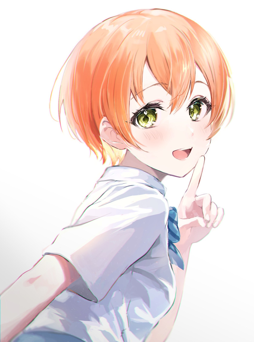 1girl breasts collared_shirt from_side green_eyes hair_between_eyes highres hoshizora_rin leaning_forward love_live! love_live!_school_idol_project open_mouth pointing pointing_up shirt short_hair small_breasts smile solo tamuramaro_(tmtmtm316) white_shirt