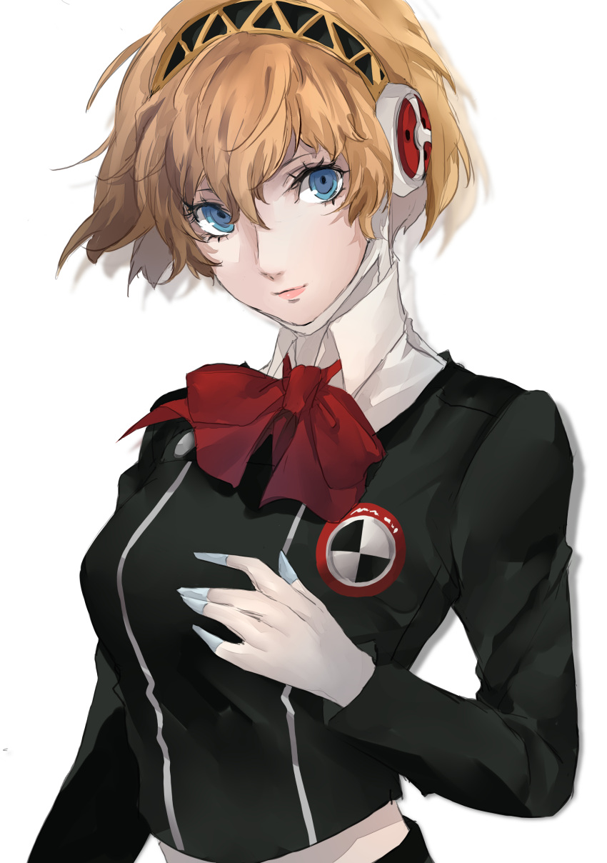 1girl absurdres aegis_(persona) android black_jacket black_shirt blonde_hair blue_eyes bow bowtie closed_mouth collared_shirt gekkoukan_high_school_uniform hair_between_eyes hair_ornament hairband hand_on_own_chest headphones highres jacket joints lips long_sleeves looking_at_viewer persona persona_3 pertex_777 pink_lips red_bow red_bowtie robot robot_ears robot_joints school_uniform shirt short_hair simple_background smile solo uniform upper_body white_background white_shirt wing_collar