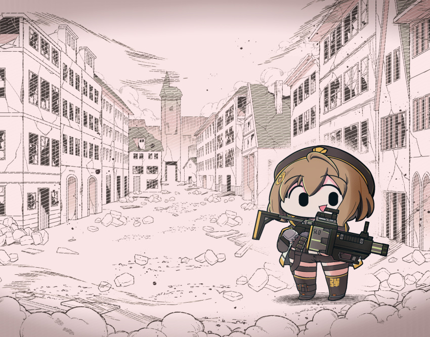 1girl ahoge aka_(akaino) anis_(nikke) beret black_headwear black_jacket black_shorts black_thighhighs broken_window brown_hair building cat_hair_ornament chibi city commentary debris dust_cloud fingerless_gloves full_body gloves goddess_of_victory:_nikke grenade_launcher grey_gloves gun hair_between_eyes hair_ornament hat highres holding holding_gun holding_weapon jacket looking_at_viewer open_mouth outdoors rubble ruins short_hair short_shorts shorts sidelocks single_fingerless_glove smile solo standing thigh-highs thigh_strap triangle_mouth weapon wreckage