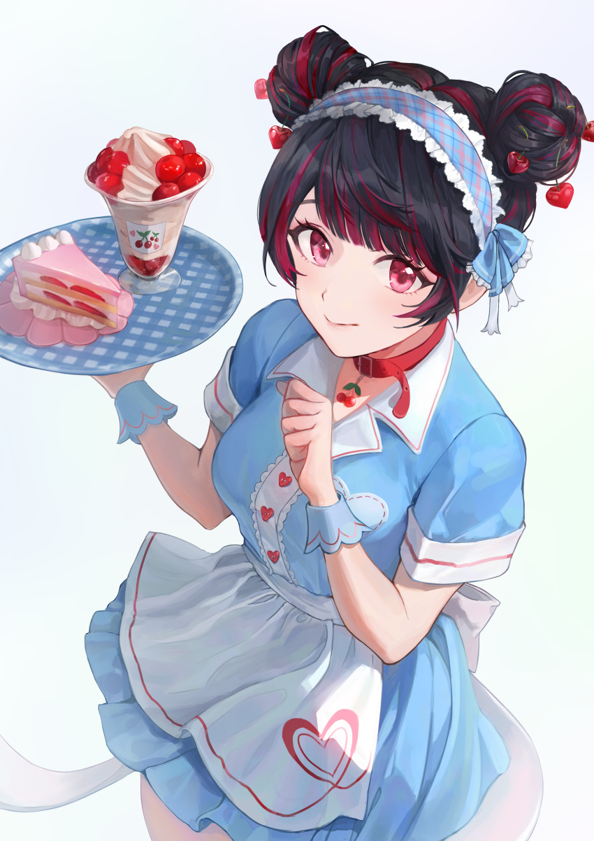 1girl absurdres apron back_bow black_hair blue_bow blue_dress blue_hairband bow cake cake_slice cherry cherry_hair_ornament cherrypunchs choker double_bun dress food food-themed_hair_ornament frilled_dress frills from_above fruit gradient_background hair_bow hair_bun hair_ornament hairband hand_up heart highres holding holding_tray long_hair looking_at_viewer maid maid_apron multicolored_hair original parfait pink_eyes red_choker redhead short_sleeves sidelocks simple_background smile strawberry_shortcake streaked_hair tray two-tone_hair white_bow wrist_cuffs