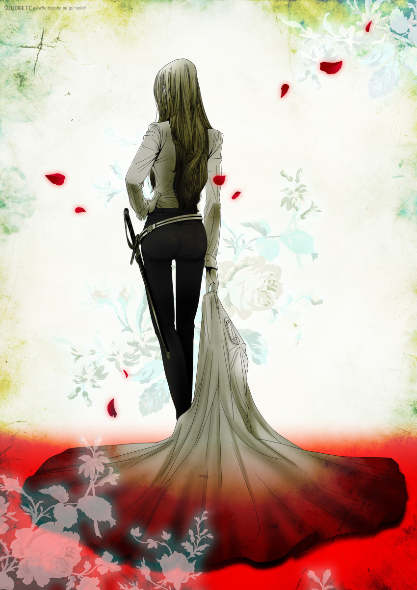 artist_name blonde_hair blood blood_on_clothes commentary_request floral_background from_behind hand_on_own_hip hellsing highres holding holding_clothes integra_hellsing long_hair petals rose_petals sheath sheathed sword toshimichi_yukari weapon web_address