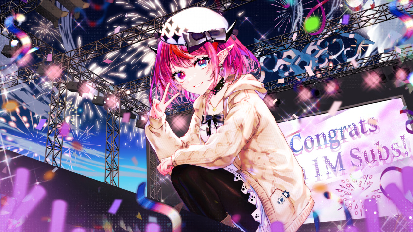 absurdres beret black_choker black_pantyhose blue_eyes bob_cut brown_cardigan cardigan choker collarbone dress earrings fireworks glowstick hat heterochromia highres hololive hololive_english horns irys_(casualrys)_(hololive) irys_(hololive) jewelry lace-trimmed_choker lace_trim looking_at_viewer milestone_celebration necklace on_one_knee pantyhose purple_hair redhead ribbon screen short_hair sowon spaghetti_strap stage stage_lights v violet_eyes white_dress white_headwear