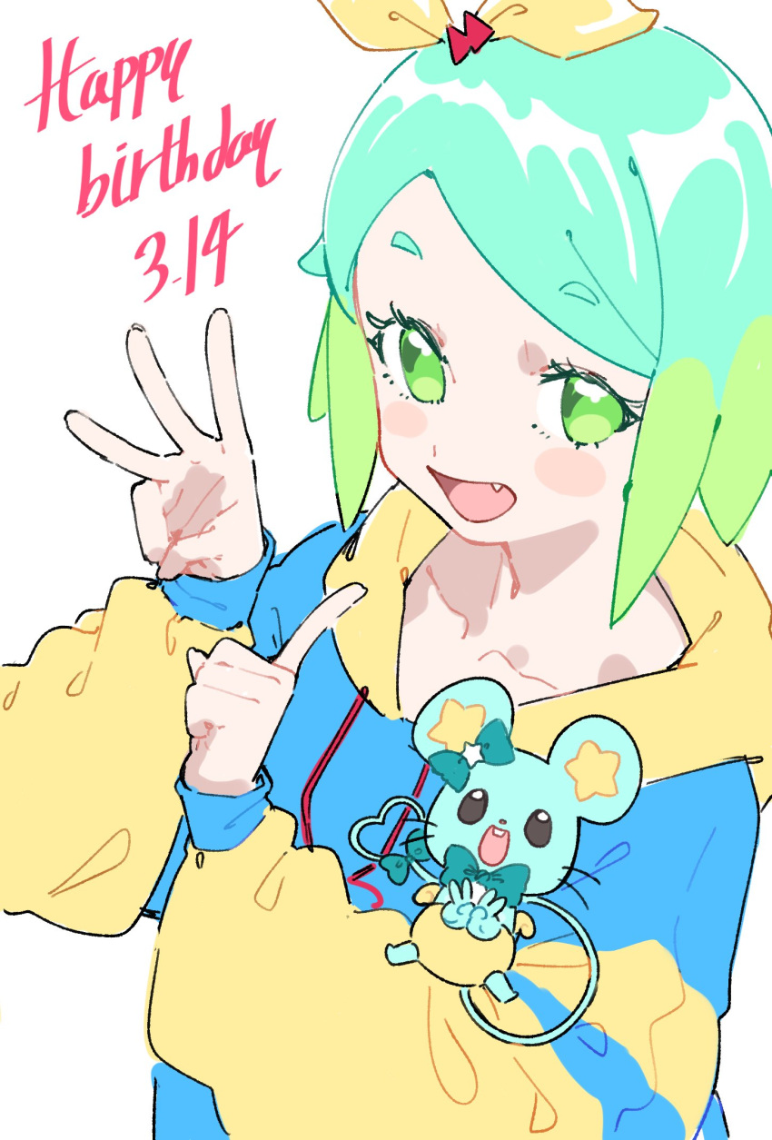 1girl :d blue_hair blue_hoodie blush bow chuppe fang finger_counting fugota6509 green_eyes green_hair hair_bow hair_ornament hands_up happy_birthday highres hood hoodie idol_time_pripara index_finger_raised long_sleeves looking_at_viewer mouse multicolored_hair nijiiro_nino open_mouth pretty_series pripara short_hair simple_background smile solo swept_bangs upper_body v white_background yellow_bow