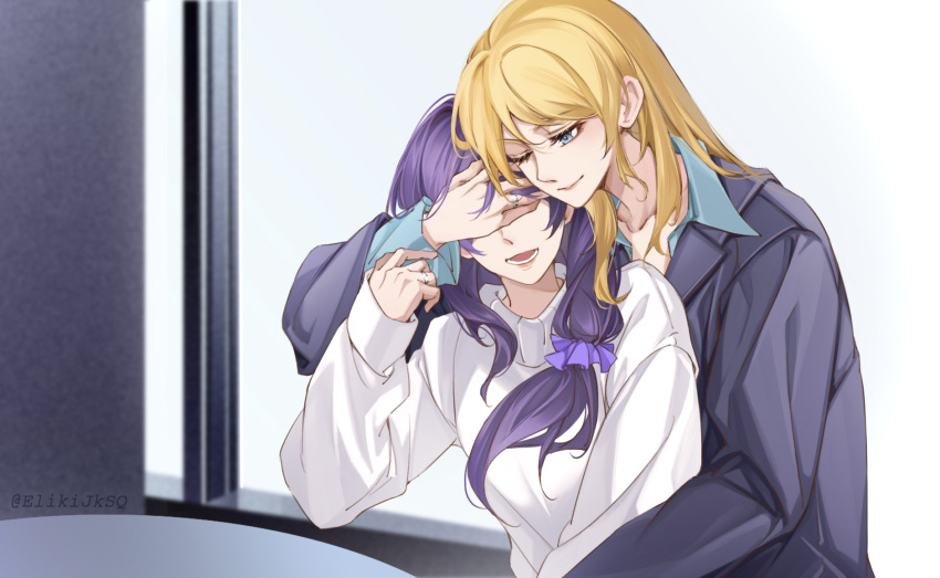 2girls alternate_hairstyle ayase_eli black_jacket blonde_hair blue_eyes commentary_request covering_another's_eyes hair_down hair_over_shoulder hand_up highres jacket jewelry k.jhitsugi long_hair long_sleeves love_live! love_live!_school_idol_project low-tied_long_hair multiple_girls purple_hair ring sweater tojo_nozomi wedding_ring white_sweater wife_and_wife yuri