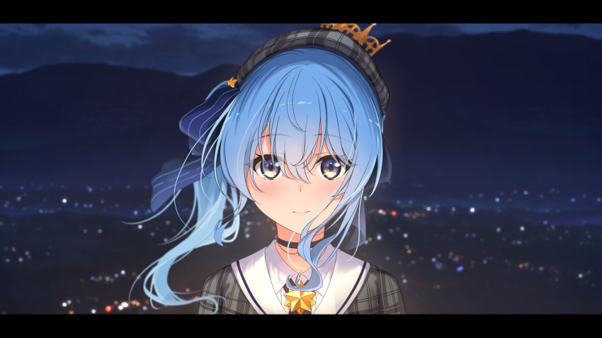 1girl ascot beret blue_ascot blue_choker blue_eyes blue_hair blush choker city_lights closed_mouth collared_shirt commentary crown diootaro double-parted_bangs floating_hair grey_headwear hair_between_eyes hat highres hololive hoshimachi_suisei hoshimachi_suisei_(1st_costume) letterboxed looking_at_viewer medium_hair mountainous_horizon night outdoors plaid_headwear portrait shirt smile solo straight-on virtual_youtuber white_shirt