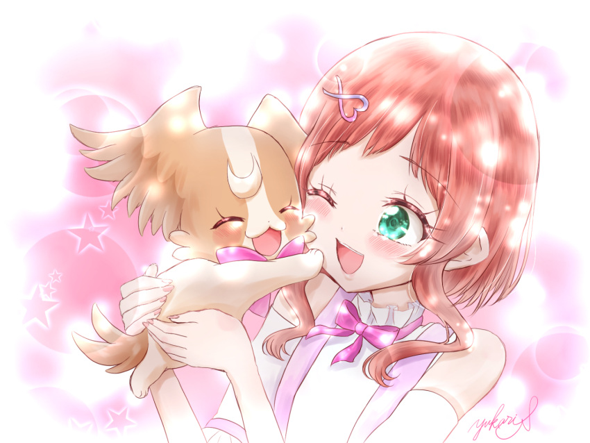 1girl animal artist_name clothing_cutout dog earrings frilled_sleeves frills hair_ornament hairclip high_collar holding holding_animal inukai_iroha inukai_komugi inukai_komugi_(dog) jewelry medium_hair neck_ribbon one_eye_closed open_mouth pink_ribbon precure redhead ribbon shirt short_sleeves shoulder_cutout signature smile solo star_(symbol) starry_background suspenders white_shirt white_silver_violet wonderful_precure!