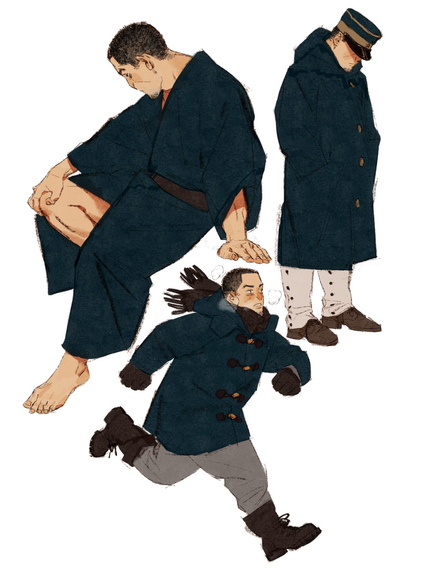 1boy black_eyes black_hair blue_coat blue_kimono boots breath brown_gloves brown_scarf chengongzi123 closed_mouth coat facial_hair full_body gloves goatee golden_kamuy grey_footwear grey_pants hands_in_pockets hands_up hat hat_over_eyes highres hood hooded_coat invisible_chair japanese_clothes kimono long_sleeves looking_down looking_to_the_side male_focus military_hat multiple_views pants parted_lips running scarf short_hair simple_background sitting tsukishima_hajime very_short_hair white_background wide_sleeves