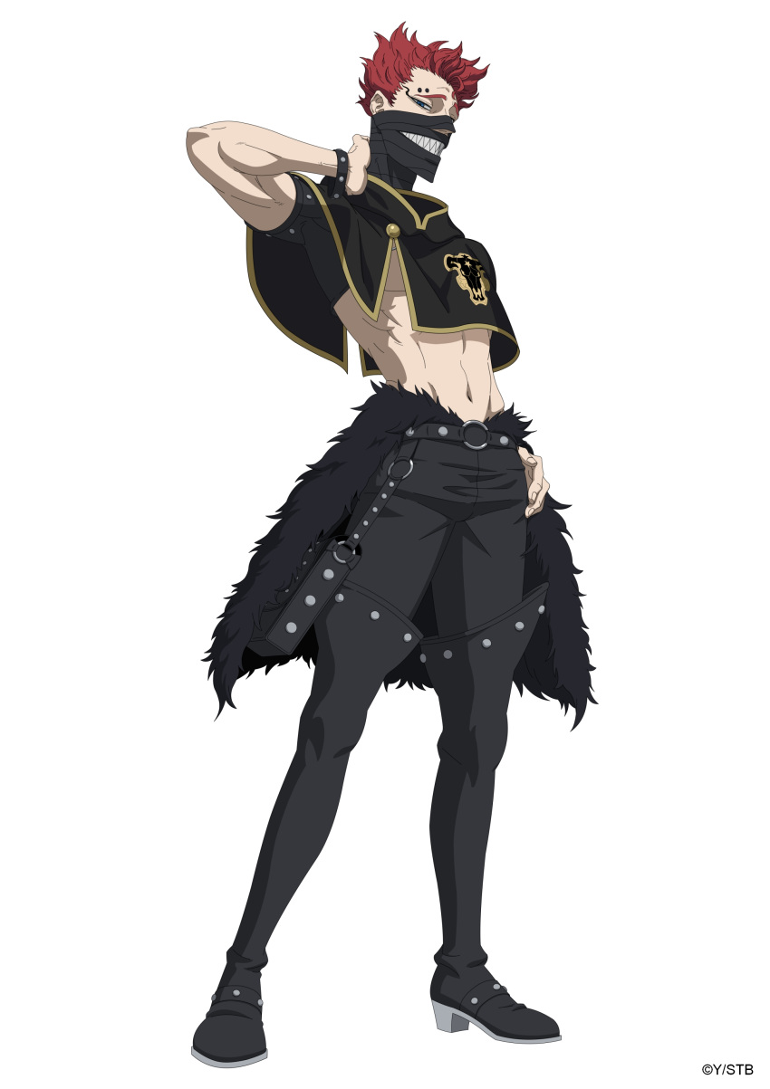 1boy absurdres belt black_belt black_bulls_(emblem) black_capelet black_clover black_clover_m:_rise_of_the_wizard_king black_footwear black_mask black_pants blue_eyes boots capelet eyebrow_piercing full_body highres looking_at_viewer mask navel official_art pants piercing redhead rubbing_neck sharp_teeth short_hair simple_background solo teeth thigh_boots topless_male zora_ideale