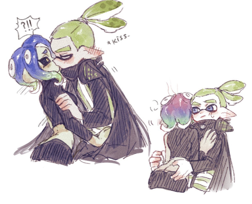 !? 1boy 1girl agent_3_(splatoon) agent_8_(splatoon) black_cape black_sclera blue_eyes blue_hair blush cape chinese_commentary closed_eyes colored_sclera crop_top ear_blush film_grain gradient_hair green_hair headgear hetero high-visibility_vest inkling inkling_boy inkling_player_character kiss long_sleeves multicolored_hair octoling octoling_girl octoling_player_character pointy_ears ponytail redhead sanitized_(splatoon) simple_background single_bare_shoulder single_sleeve splatoon_(series) splatoon_2 splatoon_2:_octo_expansion suction_cups tentacle_hair thenintlichen96 two-tone_hair unworn_headgear white_background