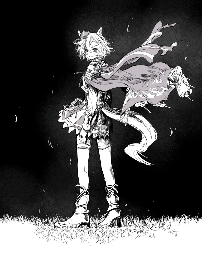 1girl animal_ears armor arms_at_sides asymmetrical_bangs boots cape closed_mouth corset crown floating_cape full_body grass greyscale hair_between_eyes highres horse_ears horse_girl horse_tail jewelry long_sleeves looking_at_viewer looking_to_the_side mame_nabe_donko mini_crown monochrome multiple_rings ring shirt short_hair shoulder_armor skirt smile solo standing t.m._opera_o_(umamusume) tail thick_tail thigh-highs traditional_media umamusume wind