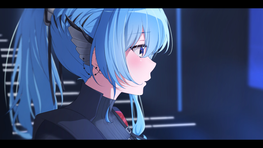 1girl black_shirt blue_eyes blue_hair blurry blurry_background blush commentary diootaro earrings from_side highres hololive hoshimachi_suisei hoshimachi_suisei_(shout_in_crisis) jewelry letterboxed long_hair official_alternate_costume parted_lips ponytail portrait profile shirt sidelocks solo stairs star_(symbol) star_in_eye symbol_in_eye turtleneck virtual_youtuber