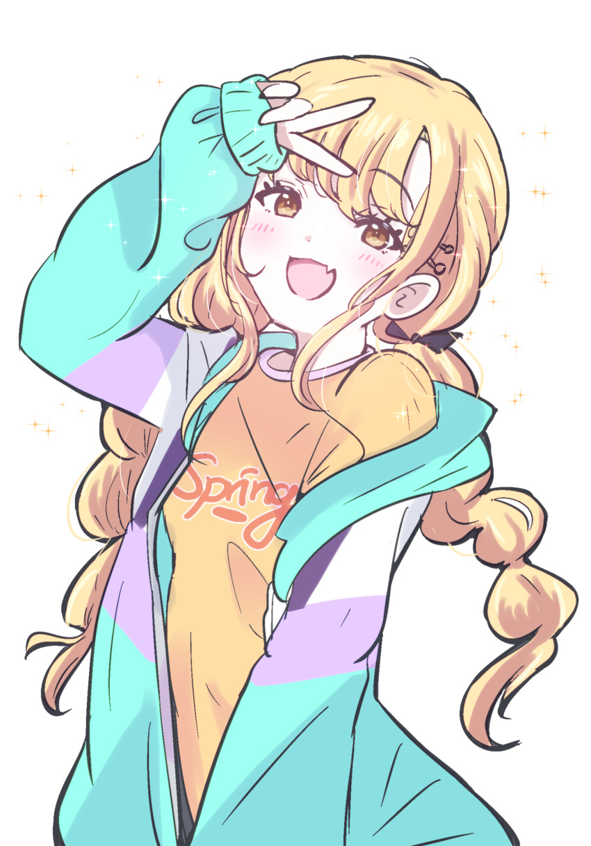 1girl arm_up blonde_hair blush braid commentary_request fang fujita_kotone gakuen_idolmaster giorgio_(yo_sumire_sola1) hair_ribbon highres jacket long_hair looking_at_viewer multicolored_clothes multicolored_jacket ribbon simple_background skin_fang smile solo twin_braids v very_long_hair white_background yellow_eyes