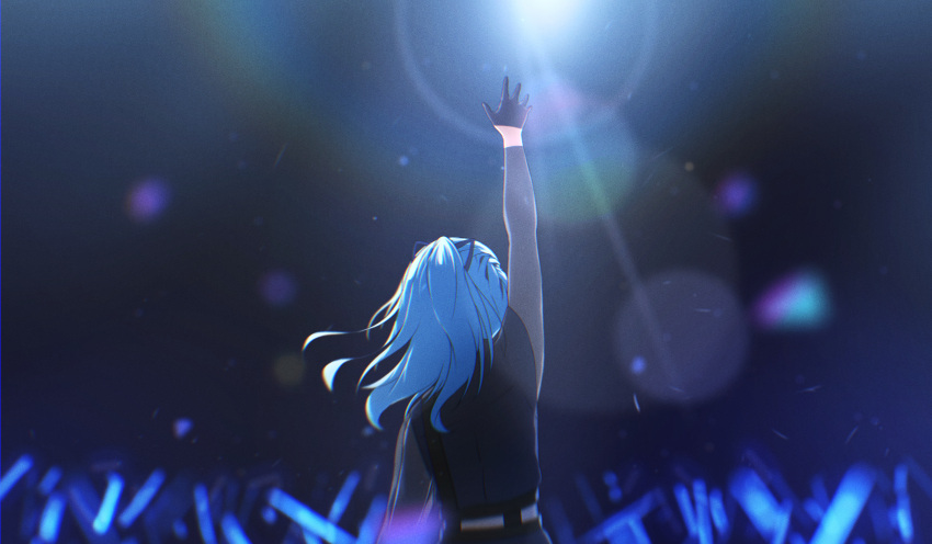 1girl arm_up black_gloves black_shirt blue_hair commentary diootaro english_commentary facing_away from_behind gloves glowstick hair_ribbon half_gloves highres hololive hoshimachi_suisei hoshimachi_suisei_(shout_in_crisis) lens_flare long_hair long_sleeves official_alternate_costume penlight_(glowstick) ribbon shirt single_glove single_half_glove solo stage upper_body virtual_youtuber