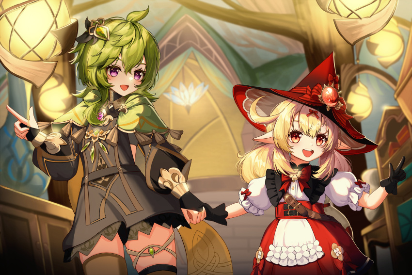 2girls :d ahoge asymmetrical_legwear belt black_gloves blonde_hair bow bowtie box branch bridal_gauntlets brown_belt brown_dress brown_thighhighs cape child clover collei_(genshin_impact) crossed_bangs cuilein-anbar_(genshin_impact) detached_sleeves dress four-leaf_clover frilled_dress frilled_sleeves frills gem genshin_impact gloves gold_bracelet gold_trim green_cape green_gemstone green_hair hair_between_eyes haires hand_up hat hat_ribbon highres holding_hands index_finger_raised indoors klee_(blossoming_starlight)_(genshin_impact) klee_(genshin_impact) lamp looking_at_another looking_at_viewer low_twintails medium_hair multiple_girls official_alternate_costume open_mouth orange_eyes orb pointy_ears puffy_short_sleeves puffy_sleeves red_bow red_bowtie red_dress red_headwear ribbon short_sleeves sidelocks smile tassel teeth thigh-highs tree twintails upper_body upper_teeth_only violet_eyes witch_hat yellow_bag