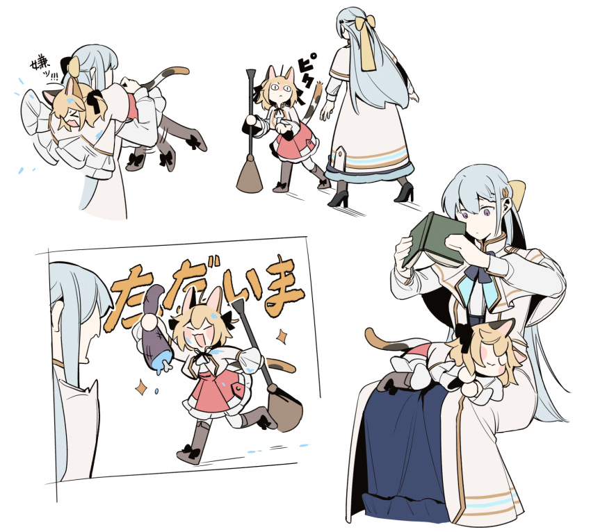 &lt;|&gt;_&lt;|&gt; 2girls animal_ears anisphia_wynn_palettia black_ribbon blonde_hair blue_bow blue_bowtie blue_hair blue_skirt boned_meat book boots bow bowtie broom brown_footwear calico carrying carrying_over_shoulder carrying_person cat_ears cat_girl cat_tail closed_mouth coat commentary_request euphyllia_magenta food hair_ribbon highres holding holding_book holding_broom jacket kemonomimi_mode lelioz long_hair long_sleeves meat medium_hair multiple_girls open_mouth pink_skirt ribbon sitting sitting_on_lap sitting_on_person size_difference skirt sleeping smile sparkle tail tensei_oujo_to_tensai_reijou_no_mahou_kakumei translation_request violet_eyes white_coat white_jacket yellow_ribbon