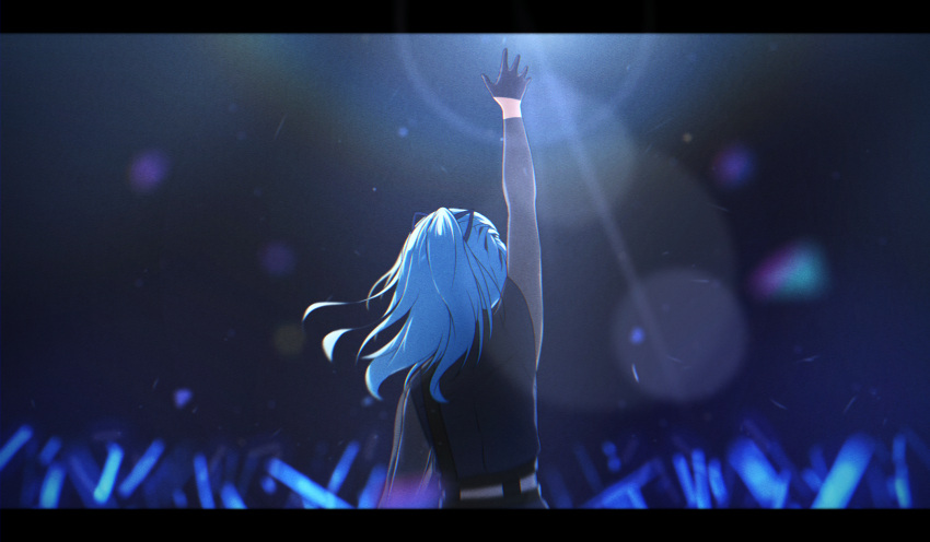 1girl arm_up black_gloves black_shirt blue_hair commentary diootaro english_commentary facing_away from_behind gloves glowstick hair_ribbon half_gloves highres hololive hoshimachi_suisei hoshimachi_suisei_(shout_in_crisis) lens_flare letterboxed long_hair long_sleeves official_alternate_costume penlight_(glowstick) ribbon shirt single_glove single_half_glove solo stage upper_body virtual_youtuber