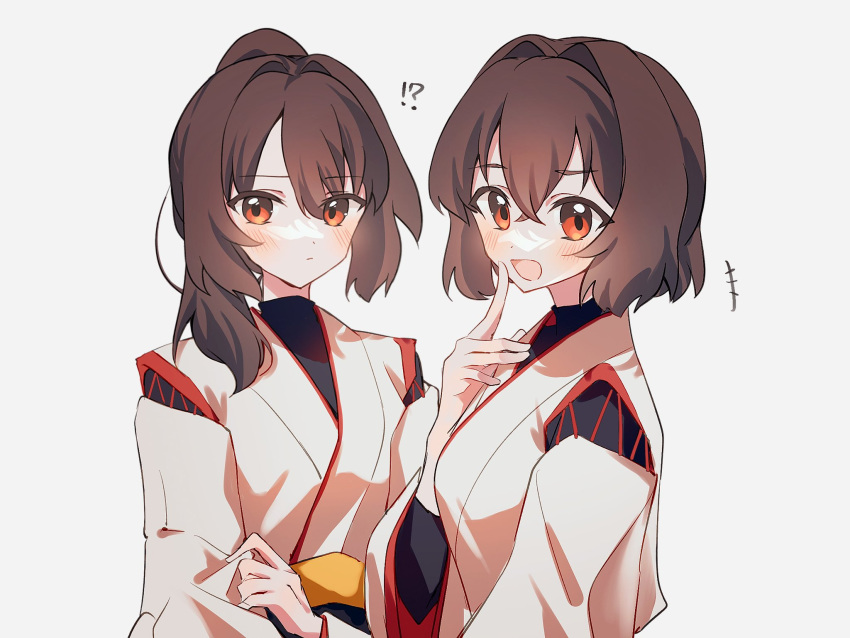 !? +++ 2girls blush breasts brown_hair closed_mouth crossed_bangs grey_background hair_between_eyes highres hyuuga_(kancolle) ise_(kancolle) japanese_clothes kantai_collection kazeshio looking_at_viewer multiple_girls open_mouth orange_eyes ponytail red_eyes short_hair simple_background undershirt upper_body wide_sleeves