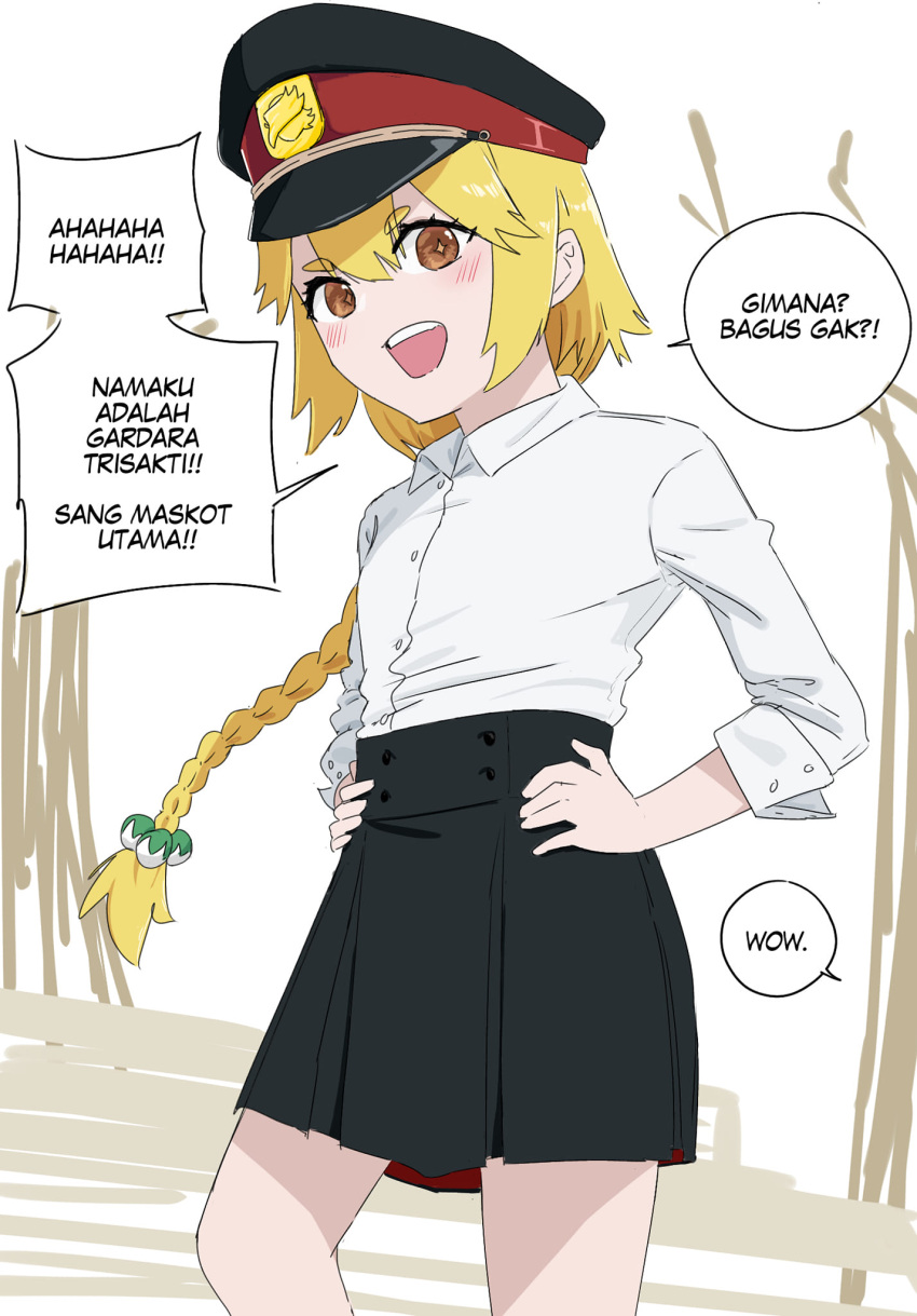1girl black_headwear black_skirt blonde_hair blush braid braided_ponytail collared_shirt commentary_request gardara_(roh_anima) hands_on_own_hips hat highres indonesian_commentary indonesian_text long_hair long_sleeves looking_at_viewer open_mouth orange_eyes original peaked_cap pleated_skirt police_hat roh_anima shirt sidelocks skirt solo speech_bubble standing thick_eyebrows translation_request upper_body white_shirt