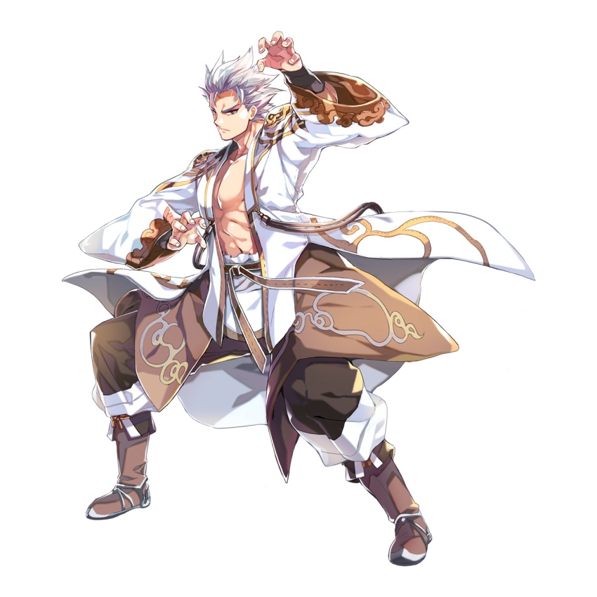 1boy belt brown_belt brown_eyes brown_footwear brown_pants claw_pose closed_mouth cloud_print fighting_stance fingernails fold-over_boots frown full_body highres leona_(pixiv) long_sleeves male_focus official_art open_clothes open_shirt pants print_shirt ragnarok_online shirt short_hair simple_background solo spiky_hair standing star_emperor_(ragnarok_online) tachi-e toned toned_male transparent_background v-shaped_eyebrows white_hair white_shirt wide_sleeves