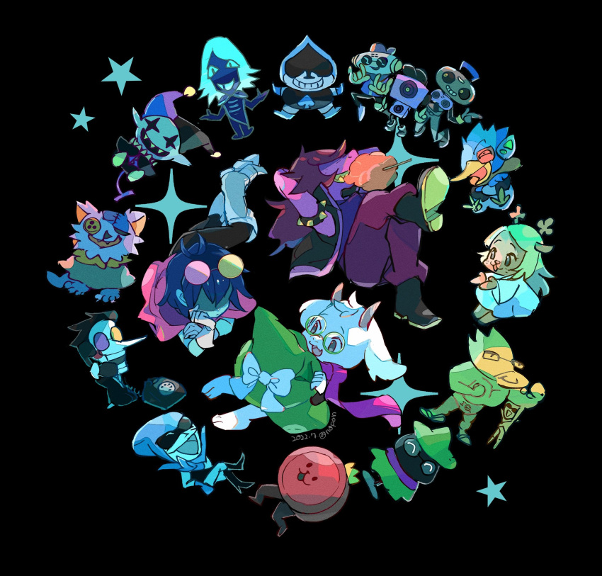 1other 3girls 6+boys androgynous animal_ears ankle_boots antenna_hair armlet armor arms_behind_head artist_name barefoot berdly_(deltarune) black_background black_footwear black_jacket blue_hair blue_skin body_fur boots bow button_eyes c._round cap'n_(deltarune) cape circle_formation colored_skin commentary cotton_candy covered_eyes deer_girl deltarune everyone eyewear_on_head food_in_mouth full_body furry furry_female furry_male glasses gloves goat_boy goat_ears goat_horns greaves green-framed_eyewear green_headwear grin hat hat_bow highres holding holding_clothes holding_hat holding_phone horns jacket jevil k_k_(deltarune) kris_(deltarune) lancer_(deltarune) leg_up long_hair lying multiple_boys multiple_girls noelle_holiday noppo_(nopon) on_back on_stomach open_mouth pants phone pink_cape pink_skin purple_hair purple_pants purple_scarf queen_(deltarune) ralsei robot round_eyewear rouxls_kaard scarf seam_(deltarune) shaded_face sharp_teeth short_hair signature simple_background smile spamton_g._spamton spiked_armlet star_(symbol) sunglasses susie_(deltarune) sweet_(deltarune) symbol-only_commentary teeth unworn_hat unworn_headwear white_fur white_gloves