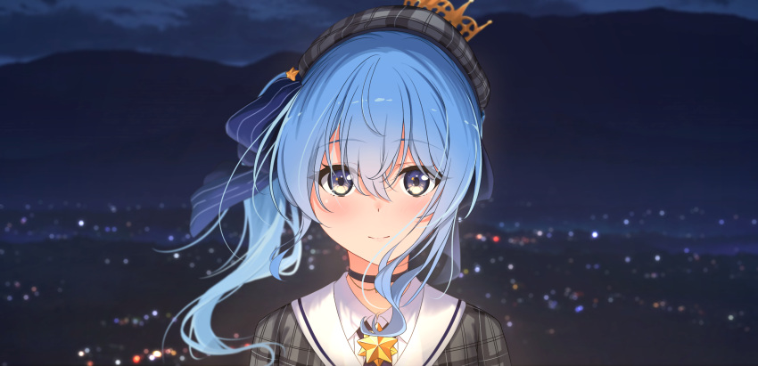 1girl ascot beret blue_ascot blue_choker blue_eyes blue_hair blush choker city_lights closed_mouth collared_shirt commentary crown diootaro double-parted_bangs floating_hair grey_headwear hair_between_eyes hat highres hololive hoshimachi_suisei hoshimachi_suisei_(1st_costume) looking_at_viewer medium_hair mountainous_horizon night outdoors plaid_headwear portrait shirt smile solo straight-on virtual_youtuber white_shirt