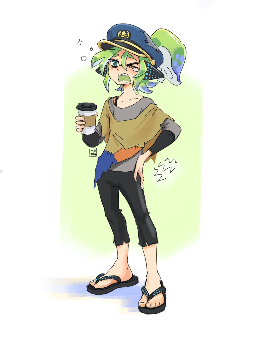 &gt;_o 1boy black_pants blue_hair cup english_commentary full_body green_background green_hair hat headphones highres holding holding_cup inkling inkling_boy inkling_player_character male_focus military_hat multicolored_hair one_eye_closed open_mouth pants ponytail sandals seatha short_hair simple_background solo splatoon_(series) standing tentacle_hair toes torn_clothes torn_pants two-tone_background two-tone_hair white_background yawning