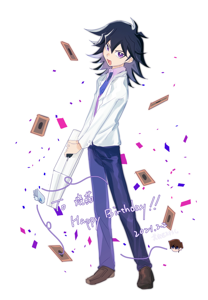 1boy absurdres black_hair blue-eyes_white_dragon blue_necktie blue_pants card confetti dated duel_disk full_body happy_birthday highres holding jacket kaiba_seto kd_(jichaman1) long_sleeves male_focus manjoume_jun necktie open_mouth pants pink_shirt playing_card shirt solo standing translation_request violet_eyes white_background white_jacket yu-gi-oh! yu-gi-oh!_gx