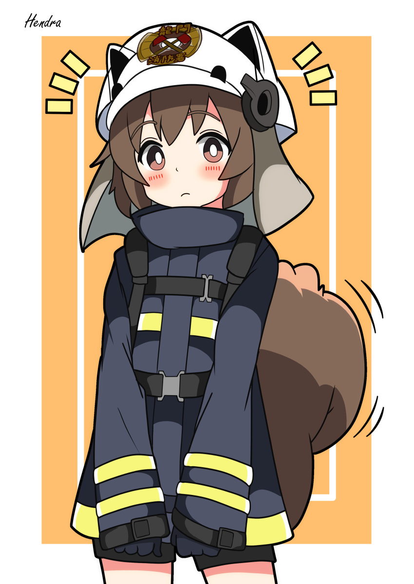 1girl :&lt; absurdres arknights black_coat black_gloves black_shorts blush border brown_eyes brown_hair coat commentary cowboy_shot fire_helmet firefighter_jacket gloves hendra highres inset_border jacket looking_at_viewer panties shaw_(arknights) short_hair shorts signature simple_background sleeves_past_wrists solo squirrel_girl squirrel_tail tail underwear white_background white_panties yellow_background
