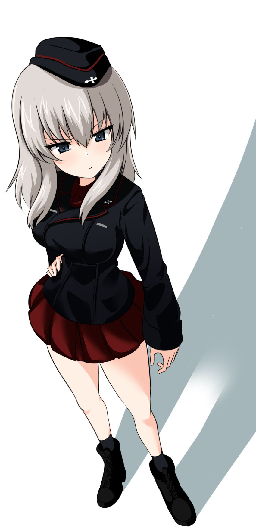 1girl absurdres aikir_(jml5160) ankle_boots black_footwear black_jacket blue_eyes boots buttons contrapposto double-breasted girls_und_panzer grey_hair hand_on_own_hip hat head_tilt highres itsumi_erika jacket kuromorimine_military_uniform military_hat pout red_shirt red_skirt shadow shirt skirt standing
