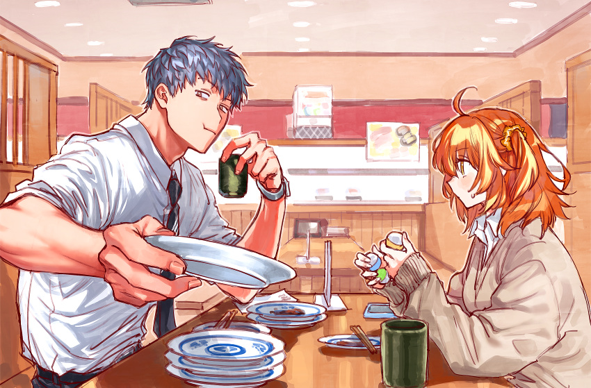 1boy 1girl ahoge alternate_costume belt black_belt booth_seating brown_sweater cellphone chopsticks closed_mouth collared_shirt cup eating elbow_on_table elbow_rest elbows_on_table fate/grand_order fate_(series) foreshortening from_side fujimaru_ritsuka_(female) gacha gashapon grey_hair grey_necktie grey_pants hair_between_eyes hair_ornament hair_scrunchie highres holding holding_cup holding_plate indoors light_blush long_sleeves looking_at_another looking_to_the_side medium_hair necktie orange_eyes orange_hair orange_scrunchie pants phone plate restaurant saitou_hajime_(fate) scrunchie shirt short_hair side_ponytail sitting sleeves_past_wrists sleeves_rolled_up smartphone sweatdrop sweater uni_(nico02) watch watch white_shirt yellow_eyes