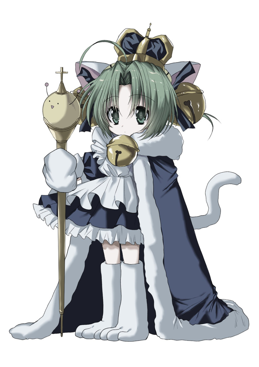 1girl ahoge animal_ears apron bell black_dress cape cat_ears cat_girl cat_tail closed_mouth cross crown dejiko di_gi_charat dot_mouth dress expressionless frilled_apron frilled_dress frills full_body fur-trimmed_cape fur_trim gloves green_eyes green_hair highres holding holding_staff jingle_bell looking_at_viewer neck_bell short_hair simple_background solo staff tachi-e tail tail_raised unkogakatasugi white_apron white_background white_gloves white_tail
