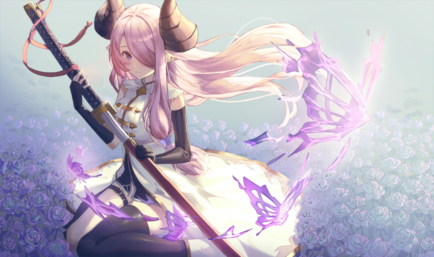 1girl black_gloves black_thighhighs blush breasts bug butterfly butterfly_hair_ornament collared_dress dress elbow_gloves field fingerless_gloves flower flower_field gloves glowing_butterfly gold_trim granblue_fantasy hair_ornament hair_over_one_eye haires holding holding_sword holding_weapon horns katana large_breasts light_rays long_hair looking_at_viewer narmaya_(granblue_fantasy) outdoors pink_eyes pink_hair pointy_ears purple_flower purple_rose rose scabbard sheath sideboob sidelocks single_thighhigh sitting sleeveless sleeveless_dress smile sunbeam sunlight sword thigh-highs thigh_strap very_long_hair wariza weapon white_dress