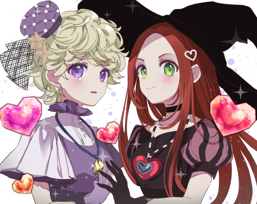 2girls blonde_hair chocolat_meilleure commentary gloves green_hair hat heart heart_pendant jewelry looking_at_viewer mini_hat multiple_girls orange_hair pendant puffy_short_sleeves puffy_sleeves puracotte short_sleeves sidelocks simple_background smile sugar_sugar_rune tears vanilla_mieux violet_eyes white_background