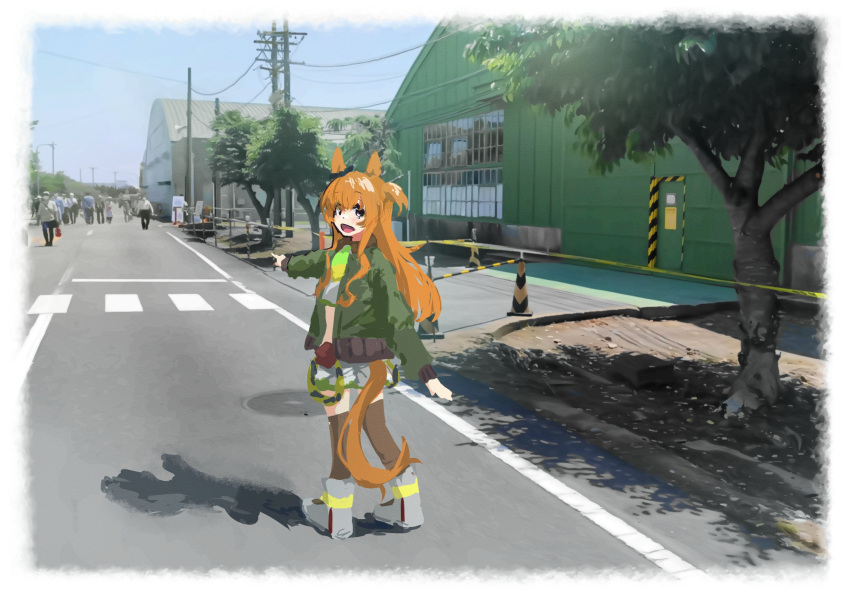 1girl animal_ears boots brown_thighhighs crop_top crosswalk day green_jacket highres horse_ears horse_girl horse_tail jacket long_hair long_sleeves looking_at_viewer looking_back mayano_top_gun_(umamusume) open_clothes open_jacket open_mouth orange_hair outdoors outstretched_arm people photo_background pointing ram_(p_searam) shadow shirt shorts smile standing tail thigh-highs tree two_side_up umamusume white_shorts