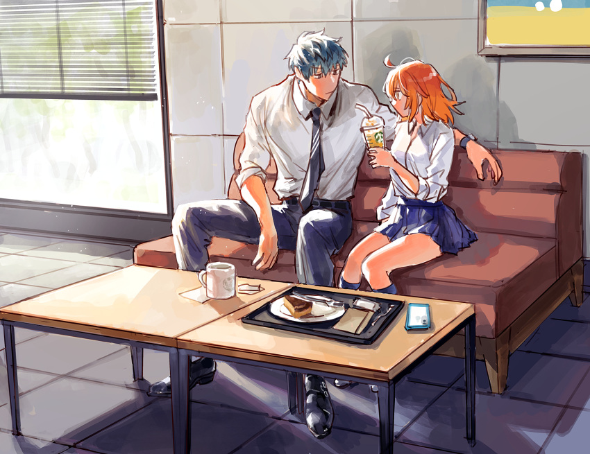 1boy 1girl ahoge alternate_costume belt black_belt black_footwear blue_pants blue_skirt blue_socks cake cake_slice cellphone closed_mouth collared_shirt couch cup disposable_cup drink drinking_straw eye_contact fate/grand_order fate_(series) food fork fujimaru_ritsuka_(female) grey_hair grey_necktie hair_between_eyes hair_down highres holding holding_cup holding_drink indoors kneehighs looking_at_another medium_hair mug necktie on_couch orange_eyes orange_hair pants phone plate pleated_skirt saitou_hajime_(fate) sharing_food shirt shoes short_hair sitting skirt sleeves_past_elbows sleeves_rolled_up smartphone socks starbucks table tile_floor tiles tray uni_(nico02) watch watch white_shirt window window_blinds yellow_eyes