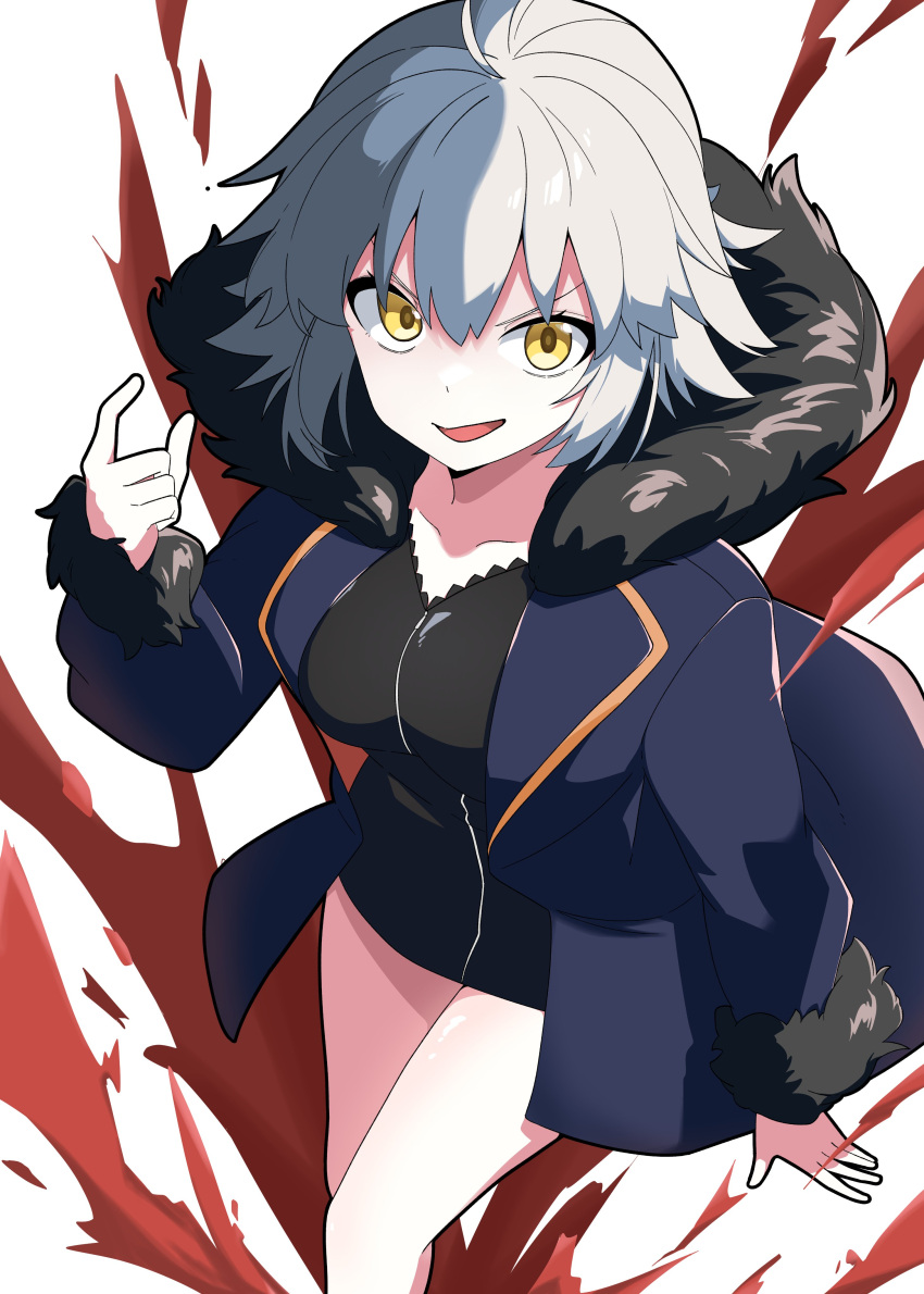 1girl absurdres ahoge black_coat black_dress blood coat commentary_request dress fate/grand_order fate_(series) fur-trimmed_coat fur-trimmed_sleeves fur_trim highres jeanne_d'arc_alter_(fate) jeanne_d'arc_alter_(ver._shinjuku_1999)_(fate) long_sleeves nonoitou110 official_alternate_costume open_clothes open_coat short_dress short_hair simple_background smile solo white_background white_hair yellow_eyes