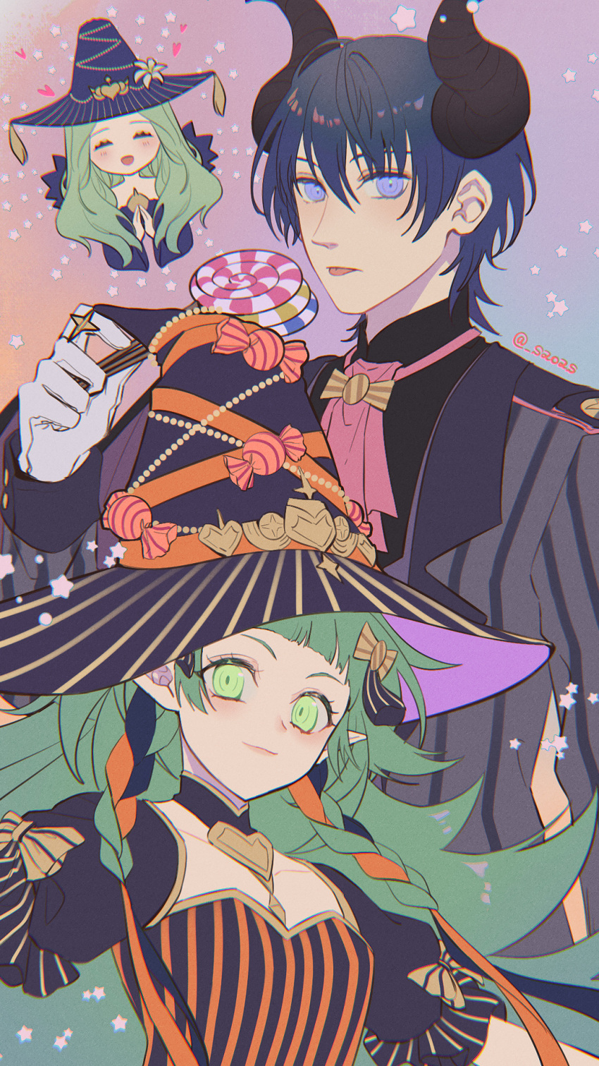 1boy 2girls black_dress black_headwear black_horns black_jacket blue_hair blue_headwear blush byleth_(fire_emblem) byleth_(male)_(fire_emblem) byleth_(male)_(halloween)_(fire_emblem) candy chibi closed_mouth collarbone commentary_request demon_horns dress fake_horns fire_emblem fire_emblem:_three_houses fire_emblem_heroes food gloves green_eyes green_hair halloween halloween_costume hat heart highres holding holding_candy holding_food holding_lollipop horns jacket lollipop long_hair long_sleeves mother_and_daughter multiple_girls oas official_alternate_costume open_mouth own_hands_together pointy_ears rhea_(fire_emblem) rhea_(halloween)_(fire_emblem) short_hair smile sothis_(fire_emblem) sothis_(halloween)_(fire_emblem) striped_clothes striped_dress tongue tongue_out twitter_username vertical-striped_clothes very_long_hair violet_eyes white_gloves witch_hat